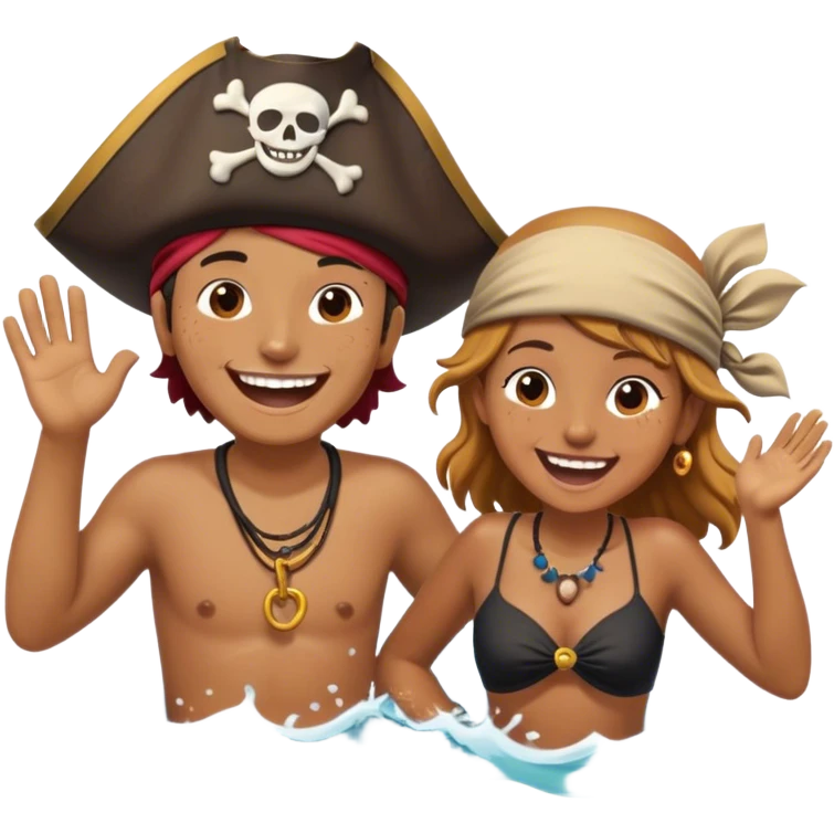 A person splashing in the ocean, laughing with a warm friend beside them. They’re playfully pretending to be pirates, fully immersed in the fun. The sun glows above, and the waves crash around them, symbolizing the joy of being present, creating fun, and appreciating the moment with the people  emoji