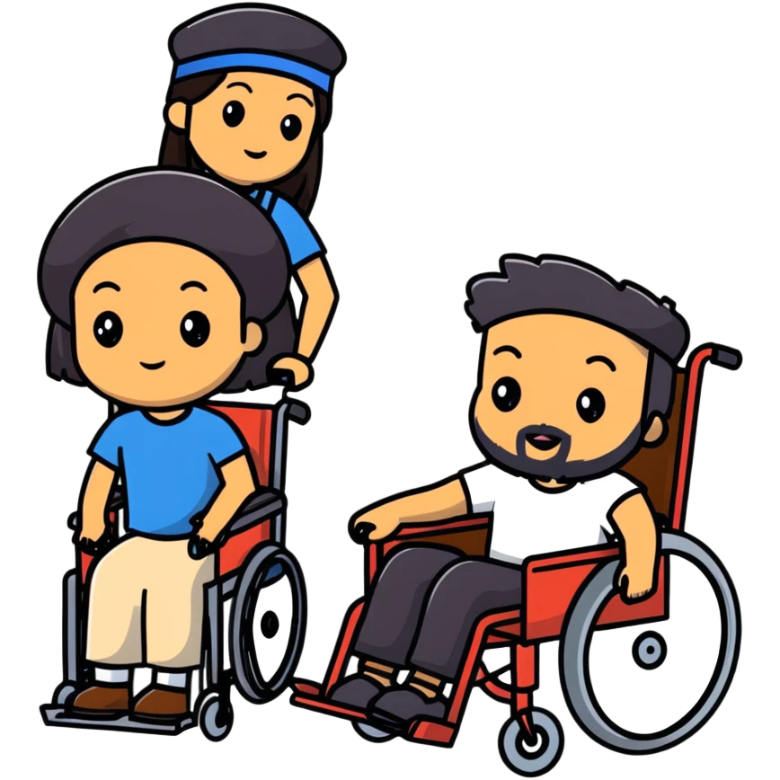 Beige skin man with a beard and cap in a wheelchair sitting next to a brown skin woman with long black hair in a wheelchair  emoji