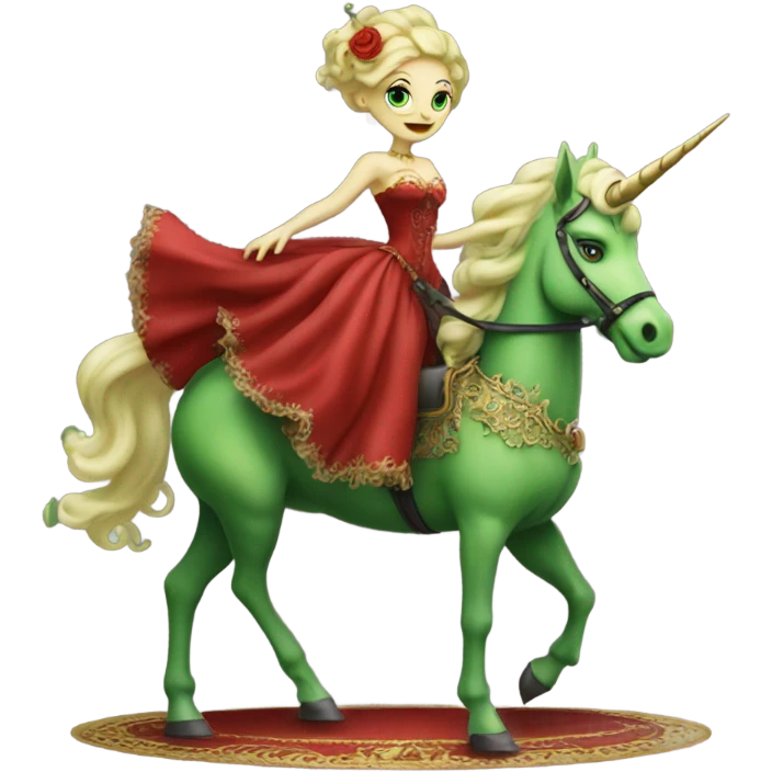 "galora green blonde alien woman" in red Victorian elegant dress, full body, rides unicorn gold
NO WOKE
 emoji
