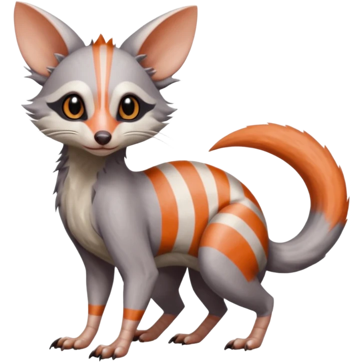 Minccino-Opossum-Trico-Numbat-Lykoi-Sphynx-Zangoose-fusion-hybrid-animal-Fakémon-creature, full body, thin long sleek scaly tail, intricate markings emoji