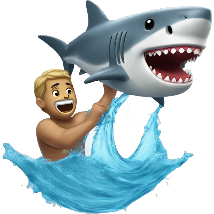man holding a shark with a rope around its mouth and jumping out of water with it emoji