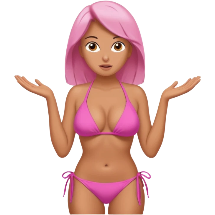 Lady with huge boobs, in a tight bikini, tanned, boobs are so big they are struggling to be contained in tight pink and very revealing bikini emoji