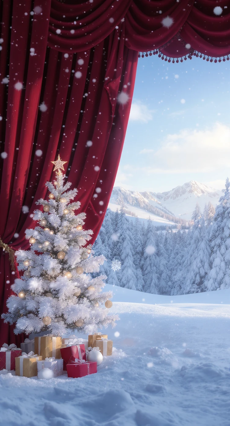 Cinematic still of a winter landcape, snowy stage, next to stage christmas tree in snow, in background we can see beautifull snowy landscape, soft light, symmetrical emoji