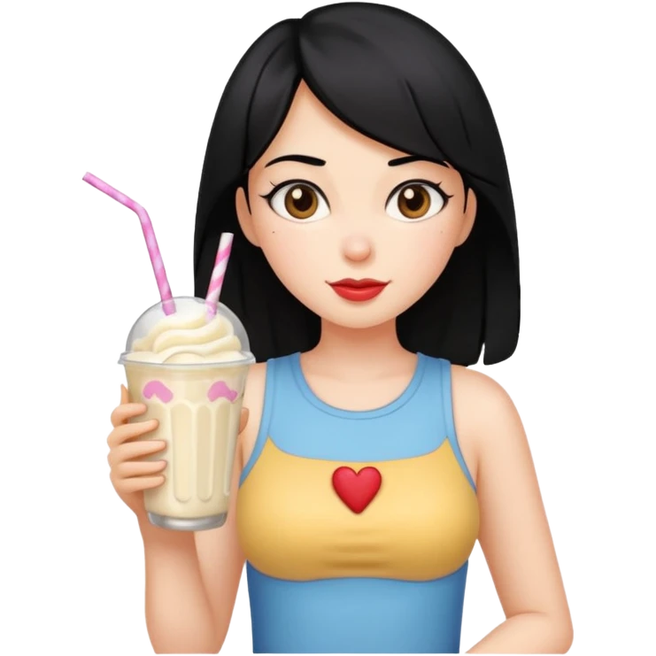 A girl with black hair and the milkshake as her boobs emoji
