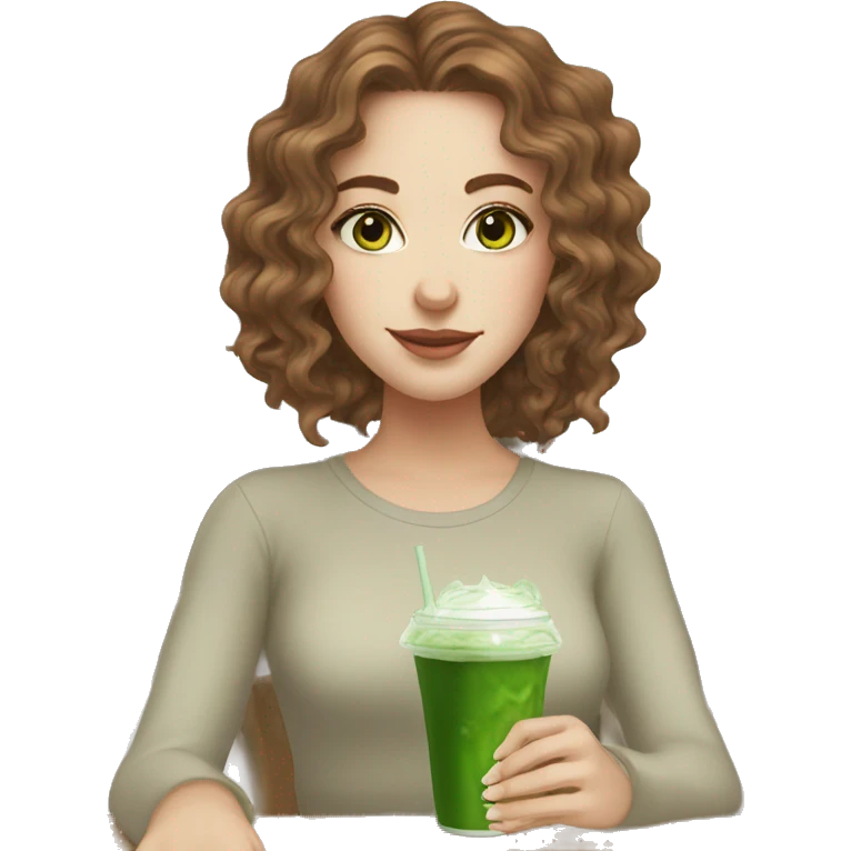 White girl with brown wavy hair drinking iced matcha latte with green eyes emoji