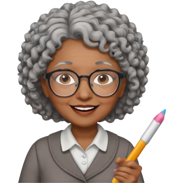 old woman teacher, brown skin, curly grey hai, wearing glasses, hold chalk on hand emoji