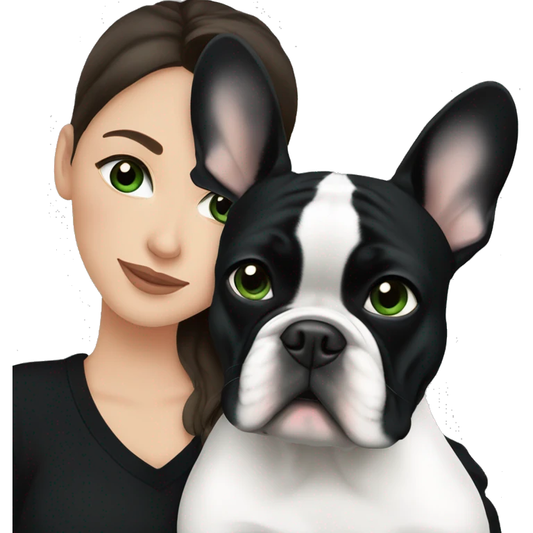 Brunette with dark green eyes in black sweater cuddling with her white and black(head is just black) french bulldog emoji