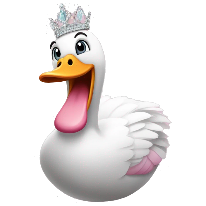 Pink silly goose wearing a tiara and smiling mischievously emoji