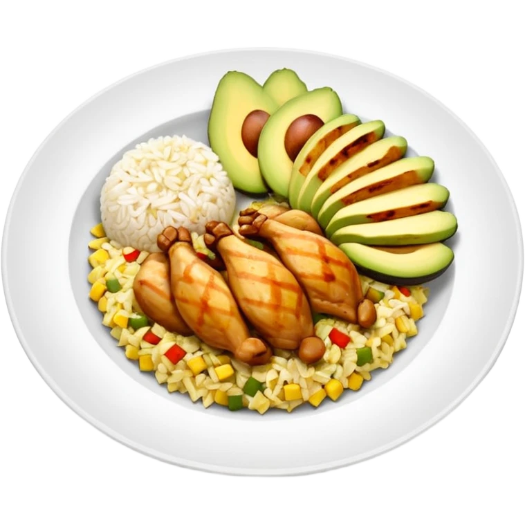 plato con pollo asado en tiras, arroz blanco, rodajas de aguacate y maíz amarillo, vista desde arriba, fondo blanco, estilo simple. emoji