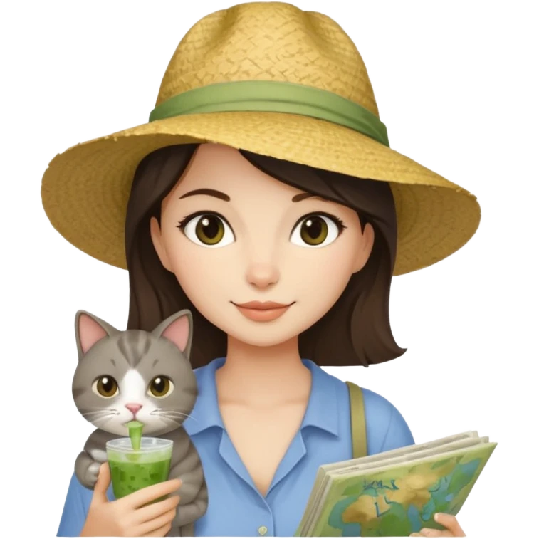 a brunette woman in here 30S drinking an iced matcha, carrying a grey cat and a map of the world emoji