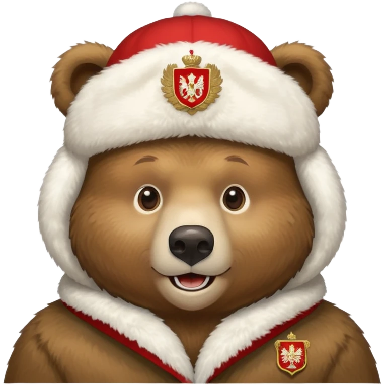 Russian brown bear wearing a white furry ushanka hat with Russian coat of arms emblem in the center, front view, iOS emoji style emoji