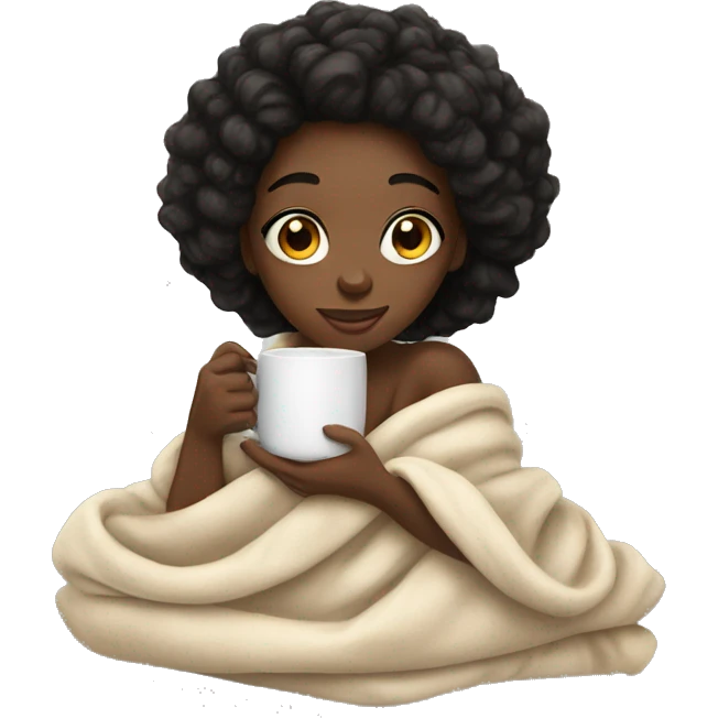a black girl curled in a blanket with tea mug emoji
