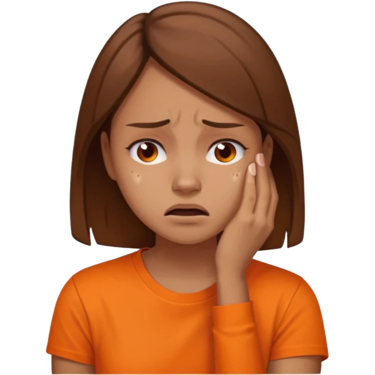 25 year old woman in orange shirt, she looks like she is in pain. She has brown hair emoji