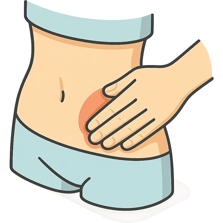 close-up detailed illustration of a human abdomen being palpated by fingers, with shadows and highlights, 2D isometric style, soft rounded shapes, clean contours, pastel palette, modern illustration, transparent background emoji