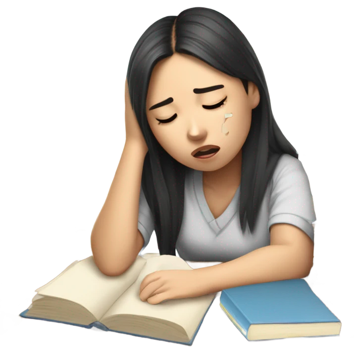 tired asian girl student struggling with final exam and assignments emoji