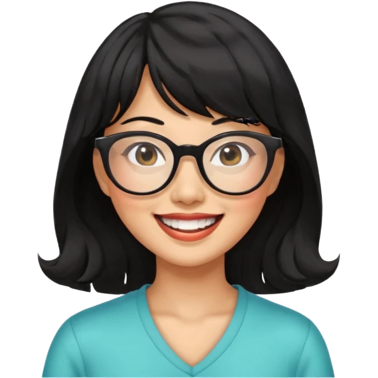 40 yr old asian woman wavy black hair bangs big glasses big smile tanned skin emoji