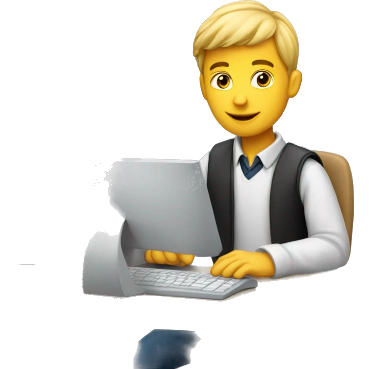 European schoolboy working at computer emoji