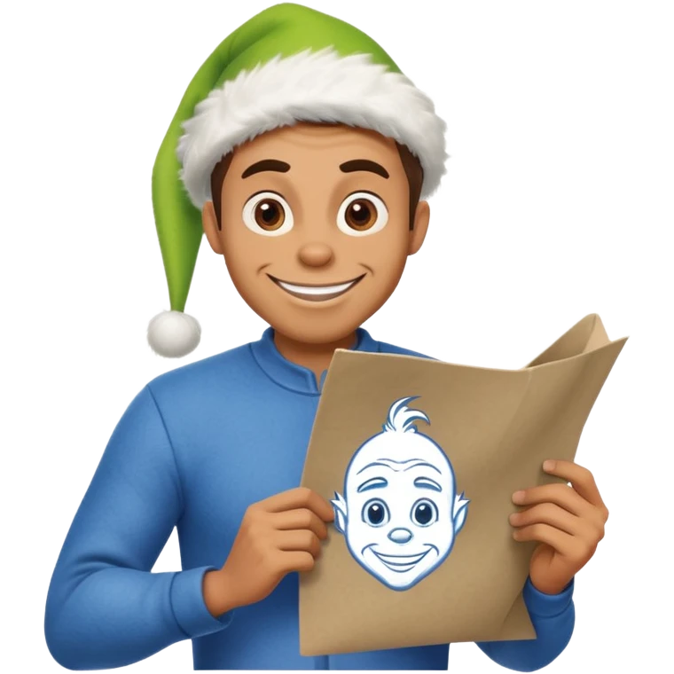 a man drawing a blueprint, smiling mischievously like the Grinch emoji