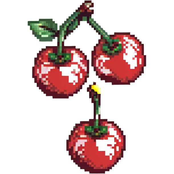 Pixel art of two shiny red cherries with green stem emoji