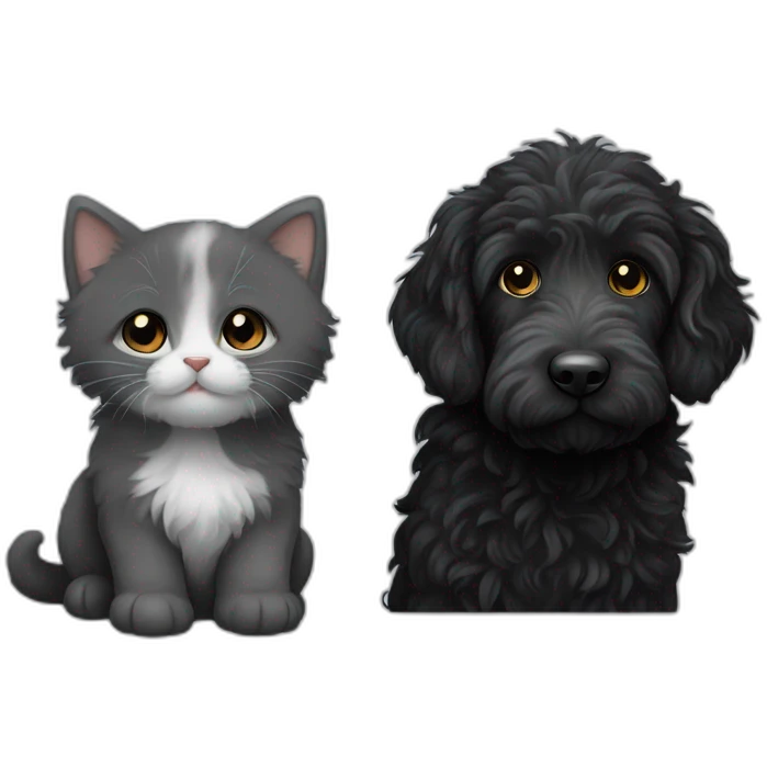 All Black labradoodle and a single white and grey kitten emoji