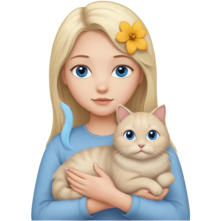 blonde girl with long blonde hair and blue eyes with chubby gray cat emoji