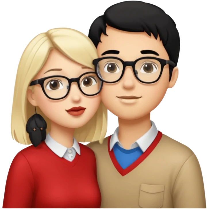 pretty light blonde girl barbie kissing nerd boy with black hair and tan skin on the cheek emoji