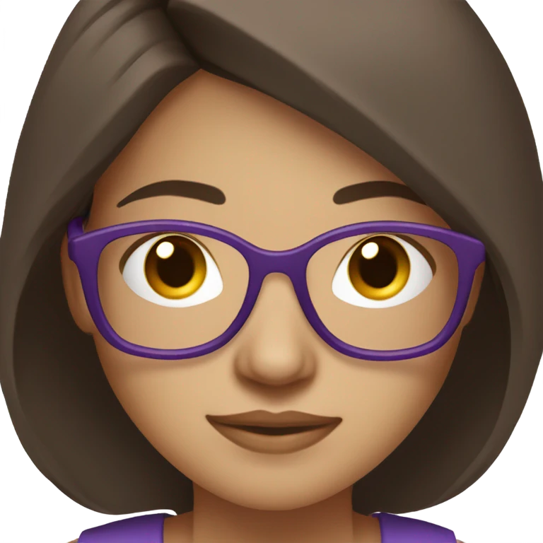 A 22-year-old woman with fair skin, dark brown hair, and glasses with purple frames, working on a compute emoji