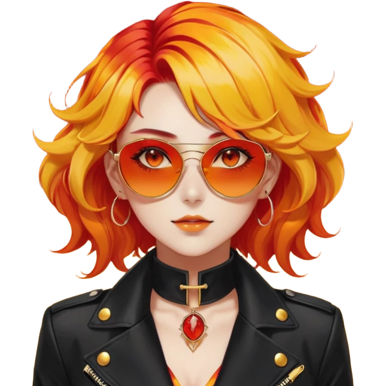 Beautiful gorgeous anime lady with beautiful fiery fiery-warm-red-orange-yellow-gradient-wavy-special-hair, fashion aesthetic, black sunglasses, accessories, gold jewelries, gold, ears, red-and-yellow sunny-pattern-eyes, black suit, biker-woman  emoji