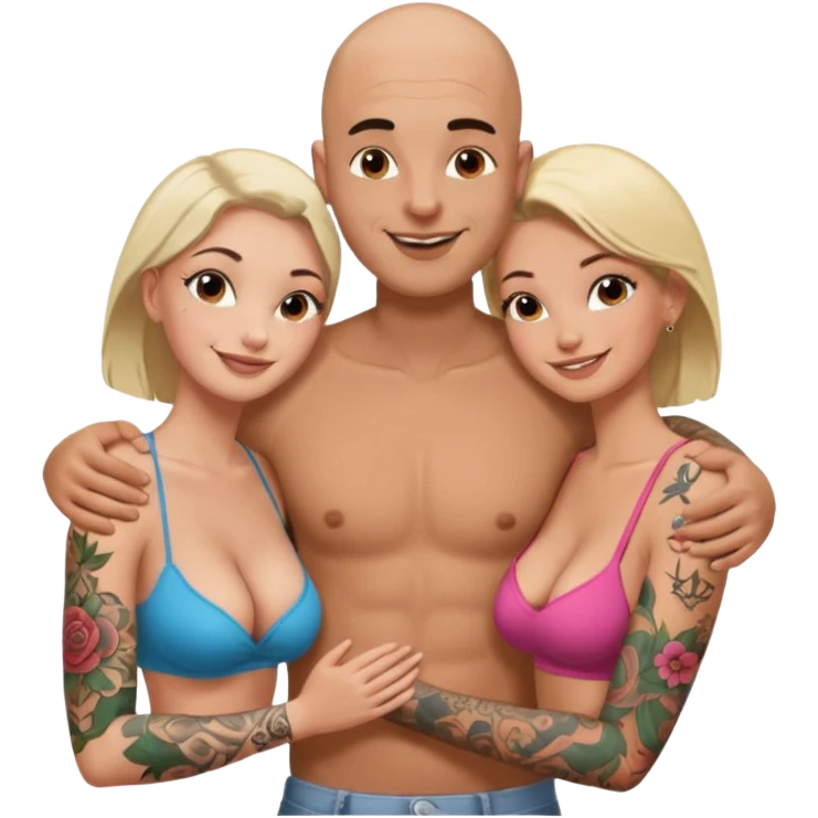 throuple tattooed sleeves bbald male with topless naked big boobed brunette and topless naked big boobed blonde girlfriends  lovingl  and sexy polygamy hott emoji