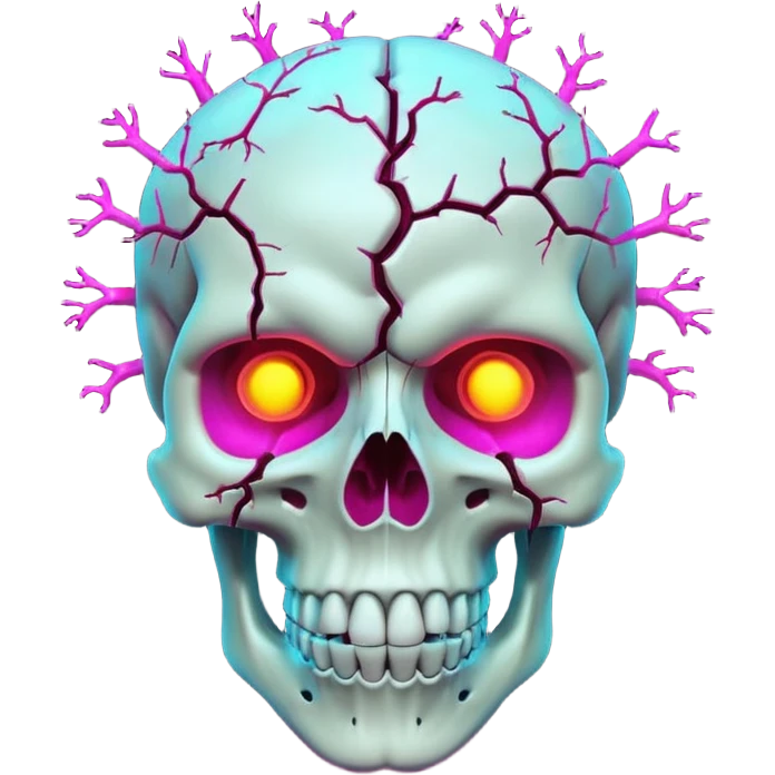 3D skull with cracked open brain glowing neon inside, dark phonk vibe, intense attitude emoji