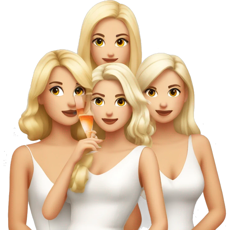 Four beautiful white european girls, one with blond hair and two dark blond hair in dresses drinking aperol emoji