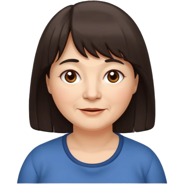 60 yr old woman, long hair to waist, very small brown eyes, long hair, straight dark brown hair, bangs, chubby, long face, very tired but happy emoji