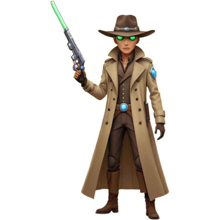 A tall alien cowboy standing in a dusty desert on an alien planet, wearing a futuristic cowboy hat and long trench coat, glowing eyes, twin plasma revolvers on his belt, dramatic sunset, cinematic lighting, ultra realistic, high detail, epic sci-fi western atmosphere

 emoji
