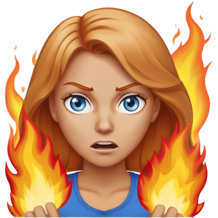 white woman with below shoulder length strawberry blond hair and blue eyes angrily setting fires emoji