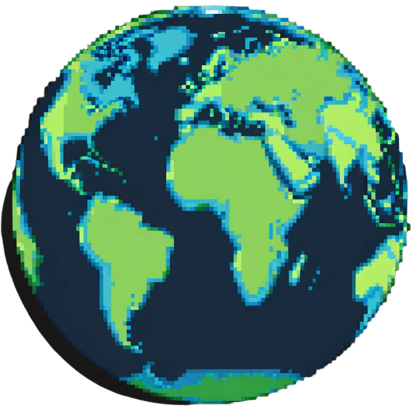 A pixelated world globe showing blue oceans and green continents emoji