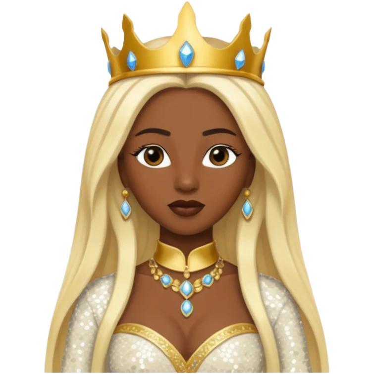 Queen of Sheba from The Bible with dark skin, long blonde hair, ivory sequin outfit emoji