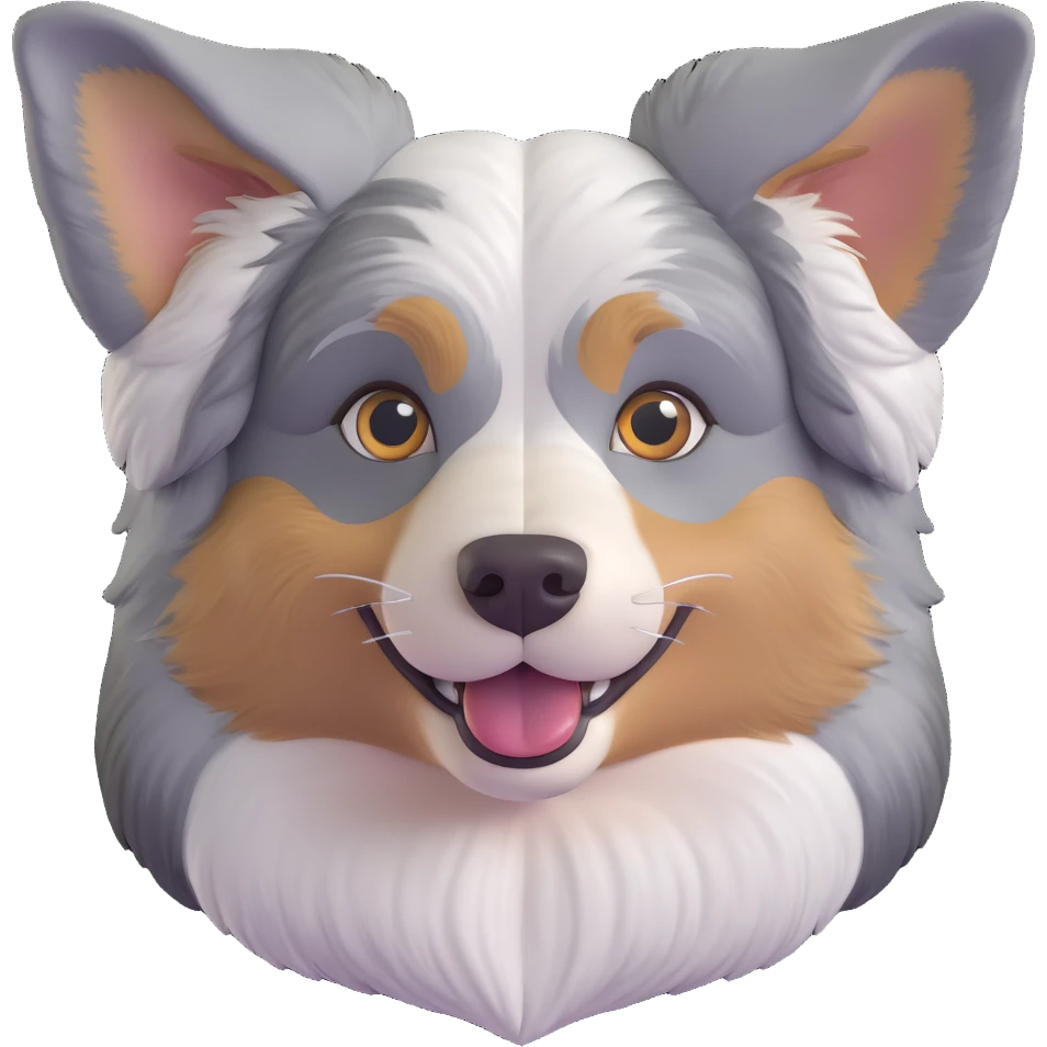cute close-up of Australian Shepherd dog face, adorable expression, detailed heterochromatic eyes one blue one brown, fluffy merle fur, expressive ears, sweet smile emoji