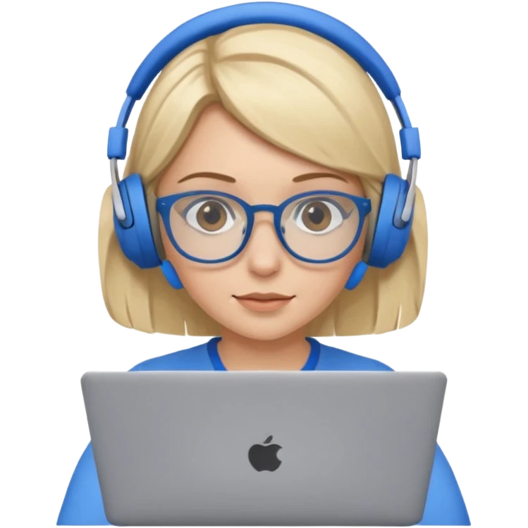 create a blonde hair women with brown eyes, blue glasses and blue headphones working on a laptop wearing a brown top. emoji