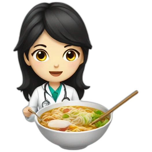 doctor girl with dark hair eating ramen bowl emoji