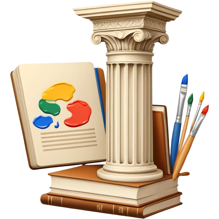 An icon featuring a paint palette, a sculpture, and a book, symbolizing the study of culture and art. The design includes a classical column and a canvas, representing art history and cultural exploration. Transparent background highlights the connection between creativity and history. emoji