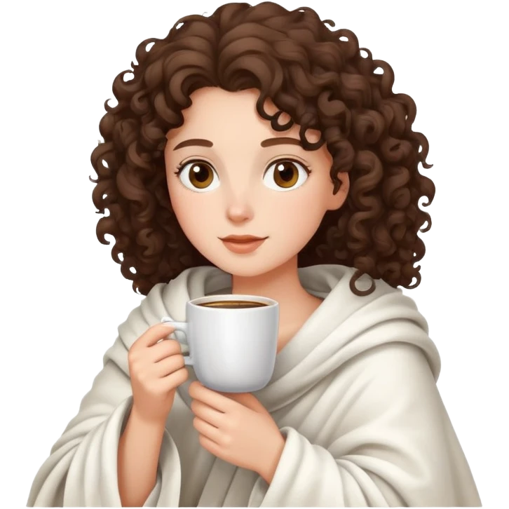 Brunette girl and Curly in white blanket drinking coffee emoji