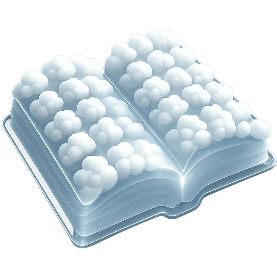 top view of a thick open book made entirely of small, very bright white fluffy convex clouds, matte glass style emoji