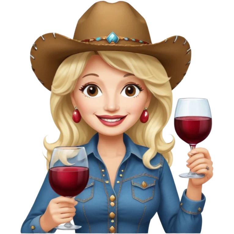Dolly Parton with a huge glass of wine on a bachelorette trip and a cowboy hat emoji