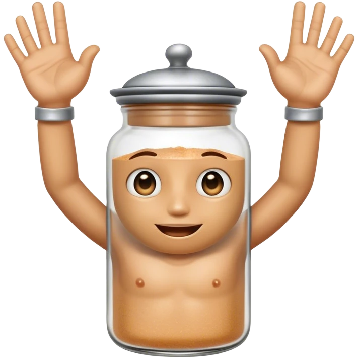 A cute anthropomorphic salt jar with transparent glass body and metal lid, raising both arms to form a "call me" hand gesture  emoji