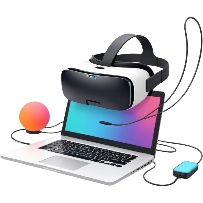 VR headset lying next to a laptop, connected by wires. On the laptop screen, a VR/AR modeling program is open. Floating 3D models or virtual objects. Modern, tech-inspired colors. No emojis or smiley faces. Transparent background emoji