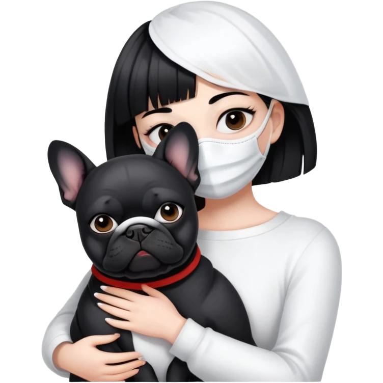 girl with short black straight bangs hair wearing a white mask and hugging a black French bulldog emoji