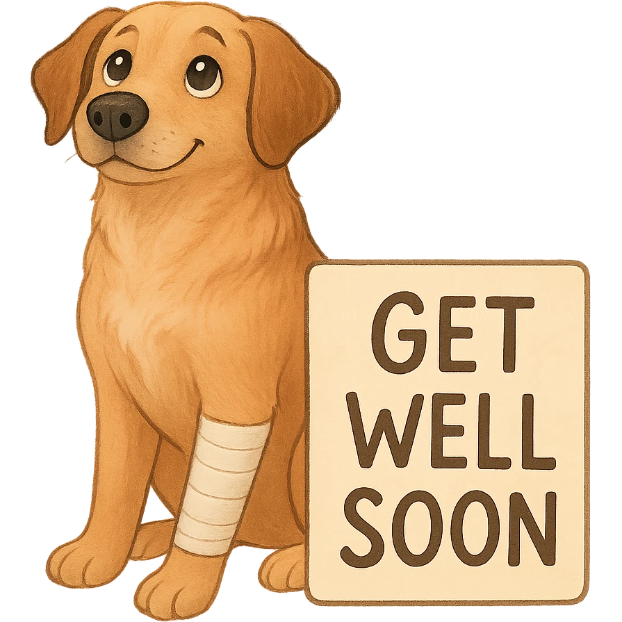 Add a 'get well soon' sign next to the dog. Keep the background transparent. emoji