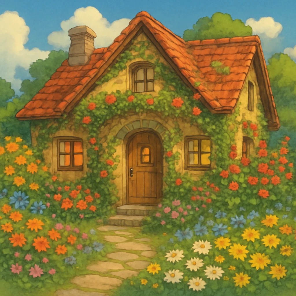 cozy cottage with flowers in ghibli style, charming, detailed emoji