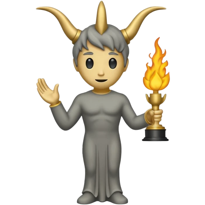 Minimalist emoji-style sticker of a full-body Oscar-like statue in matte gray-gold, with small horns  and faint flames at the base, all in black and muted hues emoji