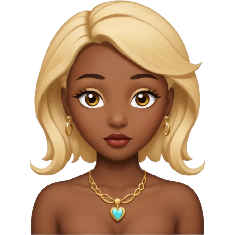darkskin female with eyebrows that are naturally shaped and frame eyes well, eyes that are almond-shaped with defined lashes. nd lips are full with a defined cupid’s bow, add also a septum piercing that adds an edgy, stylish flair. a middle-part, honey blonde bust-down with laid baby hairs emoji